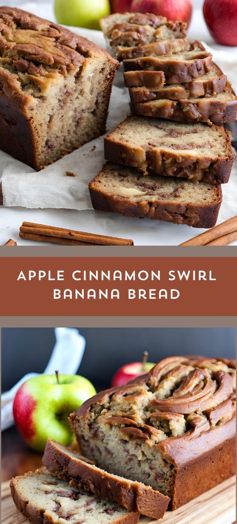 ✨ Indulge in the ultimate comfort treat with our Apple Cinnamon Swirl Banana Bread! This recipe combines the sweetness of ripe bananas 🍌 with the warm aroma of cinnamon 🌀 and tender chunks of apple 🍎. Perfect for breakfast or dessert, this delightful twist on classic banana bread will surely satisfy your cravings! #myskinnyrecipes #BananaBread #AppleCinnamon #HomemadeTreats 🍞🥰 Ripe Banana Bread Recipes, Banana Apple Dessert, Autumn Banana Bread, Cinnamon Apple Banana Bread, Apples And Bananas Recipes, Banana And Apple Bread, Banana Apple Bread Recipe Easy, Cinnamon Banana Bread Muffins, Apple Cider Banana Bread