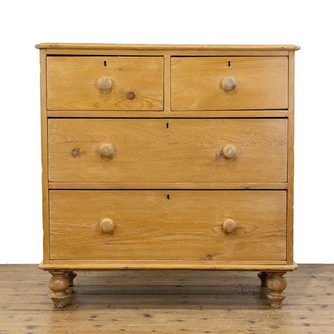 A neatly proportioned antique stripped pine chest of drawers. The antique chest of drawers has an arrangement of two short over two long graduating drawers, each with wooden knobs. Finished with a fresh coat of natural wax. A rather rustic example. Item Ref; M-4732 . DIMENSIONS: Height - 94.5cm / Width - 91cm / Depth - 45.5cm  . CONDITION REPORT: In good antique condition throughout with some signs of age. There is surface wear in places including age-related marks, scratches and splits to the top, front and side (pictured). There are fill repairs to the sides, also minor losses to one of the drawers knobs (pictured). There is age-related shrinkage to the top and sides (pictured), however this doesn't affect the overall integrity of the product. The antique stripped pine chest of drawers r Antique Storage, Antique Chest Of Drawers, Pine Chest Of Drawers, Drawers Bedroom, Pine Chests, Building Furniture, Pine Furniture, Antique Chest, Set Of Drawers