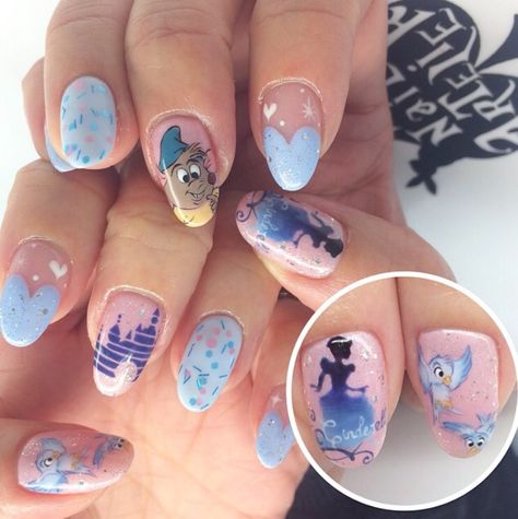 Cinderella Nails Disney, Disney Princess Acrylic Nails, Cinderella Nails Designs Disney, Disney Cinderella Nails, Cinderella Theme Nails, Disney Princess Themed Nails, Cinderella Nails Acrylic, Disney Nail Designs Princesses, Dumbo Nails