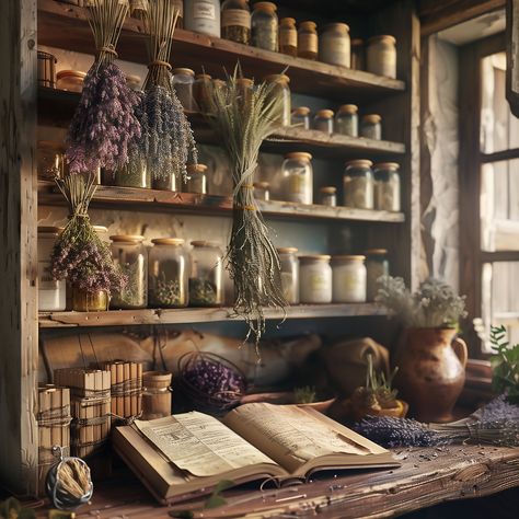 Small Gift Shop Interiors Vintage, Apothecary Aesthetic Library, Herb Display Ideas, Apothecary Shelf Bathroom, Herbal Apothecary Aesthetic Room, Apothecary Kitchen Aesthetic, Herb Shelf Wall, Apothecary Tea Storage, Witchcraft Shelves