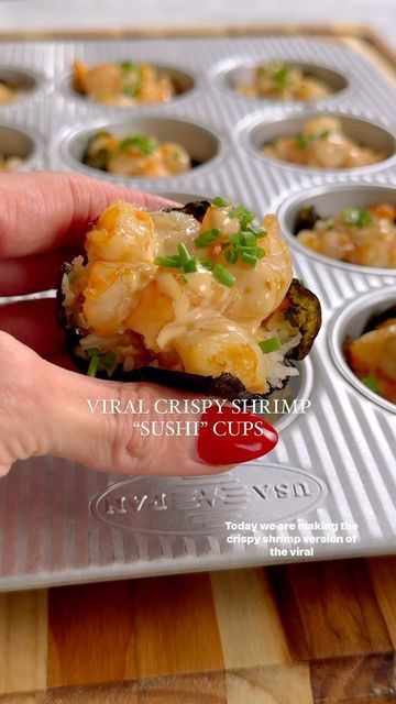 Crispy Shrimp Sushi Cups, Salmon Shrimp Sushi Bake, Baked Shrimp Sushi Cups, Sushi Cups Shrimp, Spicy Shrimp Crispy Rice Cups, Shrimp Seaweed Cups, Shrimp Sushi Bites, Shrimp Sushi Bake Cups, Rice Cups Baked