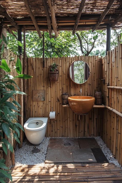 Tiny Bathroom Design, Outdoor Restroom, Outside Toilet, Grey Water System, Bathroom Grey, Trending Home Decor, Outdoor Baths, Bamboo Panels, Outdoor Toilet