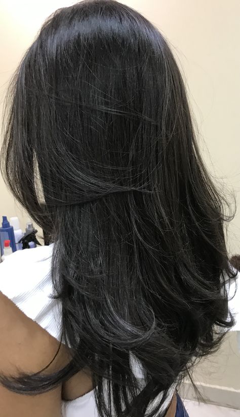 Medium Jet Black Hair, Straight Black Layered Hair, Long Layers Haircut Black Hair, Black Hair Layers Long, Hair Layers Aesthetic, Long Layered Hair Black, Black Long Layers, Dark Long Hair With Layers, Long Layered Dark Hair