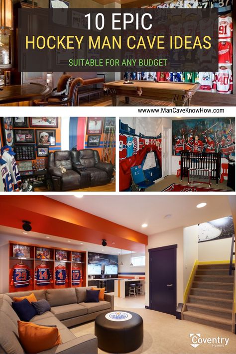 Check out these awesome hockey man caves and get ideas for your own hockey themed cave. #mancave #hockey #sports #home #design Man Cave Hockey Theme, Finished Basement Sports Theme, Hockey Man Cave Ideas, Hockey Themed Basement, Sports Themed Man Cave Ideas, Mancave Sports Theme, Hockey Basement Ideas, Basement Sports Room, Sports Basement Ideas