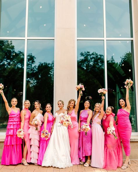 On #WeDoWEDnesday we wear pink! The colors in the wedding last spring were so joyful! From the chapel florals, to the bridal party, to the ballroom, every pink detail was a breath of fresh air. What's your favorite pink detail? Are you ready to plan your day -- pink or otherwise? Head to our website and let's get started! @sweetmemoriescakes Manhattan Band @acieartistry @brite.beauty @cunninghamkatie @sirjthedj @skyeflowerfield #Weddings #BowdenBrides #WeddingVenue #KellerTX #BrideAn... Hot Pink Weddings Bridesmaid, Pink And Orange Bridesmaids Dresses, Black Bridesmaid Dress With Pink Flowers, Spring Color Wedding Theme, Pink Theme Bridesmaid Dresses, Bright Spring Wedding Florals, Summer Wedding Colors Pink, Pink Wedding Bridal Party, Purple And Pink Bridesmaid Dresses