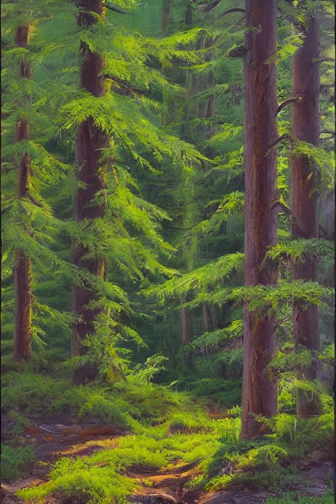 Redwood Tree Painting, Cedar Tree Drawing, Forest Art Painting, Green Forest Painting, Forest Ground, Cedar Forest, Forest Drawing, Forest Watercolor, Forest Mural