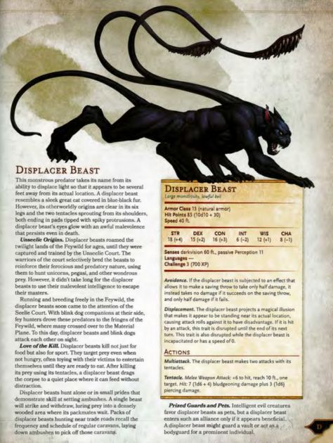 Displacer Beast, Fantasy Creatures Mythology, Monster Manual, Mythical Monsters, Praise The Sun, Dnd Races, Dungeons And Dragons 5e, D D Monsters, Dnd Dragons