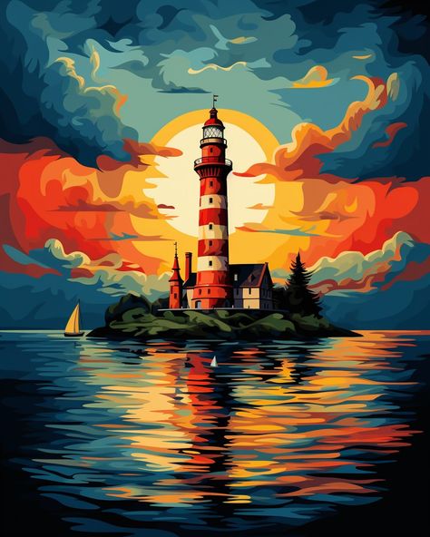 Lighthouse on Island at sunset. Colorful sky and clouds #lighthouse #sunset #sky #island #water Paint Reference, Lighthouse Sunset, Sky Island, Island Water, Colorful Sky, Lighthouse Painting, Dark Art Illustrations, Light House, Sunset Sky