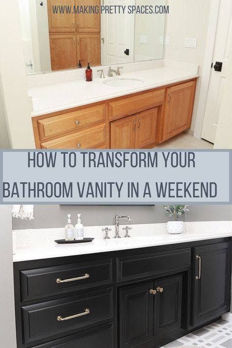 Painted Vanity Bathroom, Bathroom Cabinets Diy, Painting Bathroom Cabinets, Black Vanity Bathroom, Diy Bathroom Makeover, Rustic Mantel, Bathroom Vanity Makeover, Small Bathroom Ideas On A Budget, Diy Bathroom Remodel