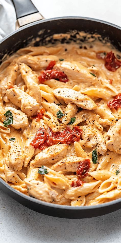 One-Pan Creamy Tuscan Chicken & Pasta – Chasety The Best Pasta Dishes, Pasta Tuscan Chicken, Tuscan Chicken Pasta With Cherry Tomatoes, Pasta With Coconut Cream, Chicken Gorgonzola Pasta, Tuscan Chicken Pasta Bake, Hearty Food Recipes, Tuscan Pasta Recipes, Casarecce Pasta Recipes