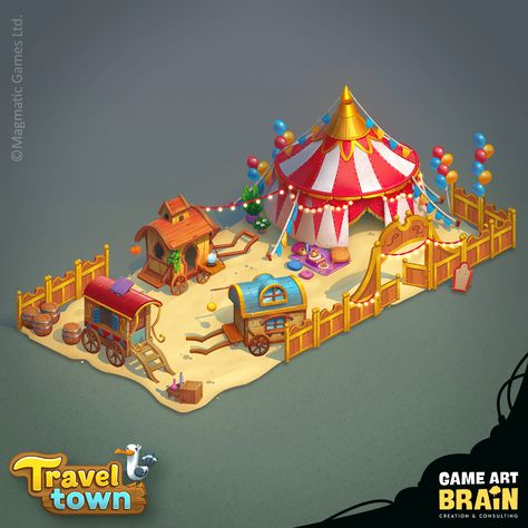 A circus we created for the game Travel Town. Dnd Carnival Map, Circus Concept Art, Carnival Artwork, Circus Environment Concept Art, Amusement Park Concept Art, Town Ship Game Design, Circus Game, Amusement Park Isometric, Area Games