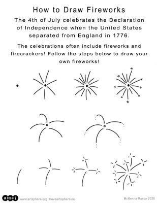 The Fourth of July, also known as Independence Day, celebrates the ratification of the Declaration of Independence, which separated the colonies from England on July 4th, 1776. Get creative and learn how to draw your own firework display! Art Credit: Mckenna Mason Firework Painting Easy, Fourth Of July Chalk Art, 4th Of July Drawing Ideas, July Drawing Ideas, 4th Of July Window Painting, Fourth Of July Doodles, Fourth Of July Drawings, Fourth Of July Chalkboard Art, 4th Of July Doodles