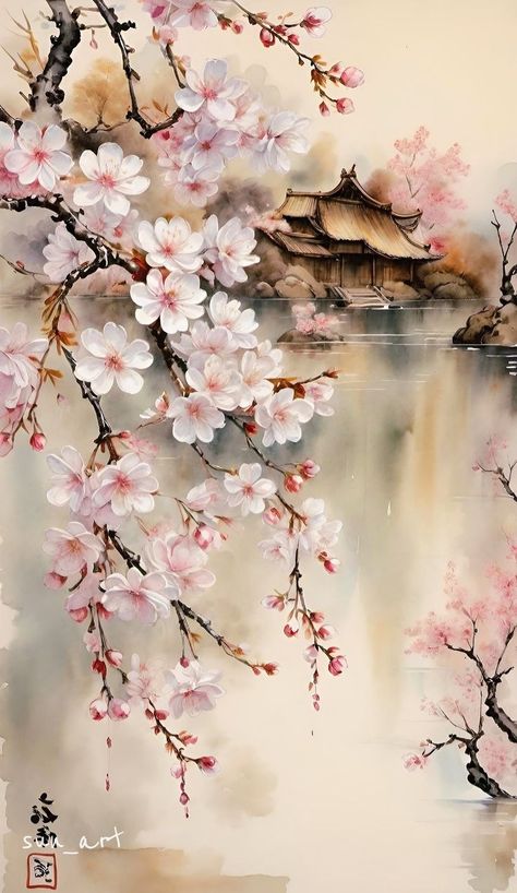 Japanese Cherry Blossom Trees, Spring Blossom Painting, Watercolor Chinese Art, Cherry Blossom Watercolor, Asian Flowers, Cherry Blossom Painting, Spring Watercolor, Japan Painting, Chinese Art Painting