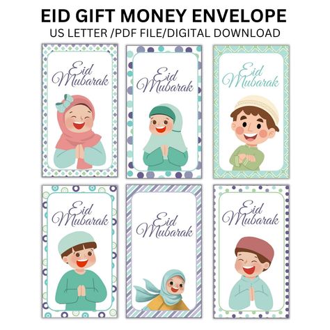 "Description: Printable Eid Mubarak gift money envelope you can download and print at home, with the words \"Eid Mubarak\" in  English calligraphy . The envelope is designed to contain cash or gift card, decorated with festive patterns and colours for children. \"Eid Mubarak\" is a traditional greeting used by Muslims to celebrate the end of Ramadan or Eid Adha. During this festive occasion, it is common for people to exchange gifts, especially money, with family and friends. A gift envelope is a common way of giving money as a gift. Print and use these Eid Gift Money Envelopes to give your children their Eid money. Just print the envelopes, cut, glue, and share! WHAT YOU'LL GET: 1 PDF file of EU A4, =21cmX29,7cm (template to be cut and folded into 8,5X15 cm envelope) countain 6 different Eid Money Cards, Eid Envelopes Design, Eid Mubarak Envelope, Eid Mubarak In English, Eid Money Envelopes, Eid Vibes, Eid Envelopes, End Of Ramadan, Eid Adha