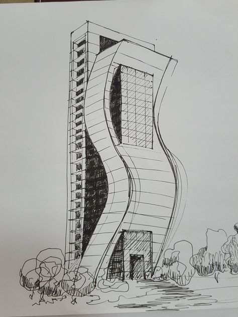 Office building Sketch Sketch Of A Building, View Point Architecture, Architectural Details Drawing, Easy Architecture Sketches For Beginners, Structural Drawing Building, Art Sketches Architecture, City Scape Sketch, Asymmetrical Building, Building Design Sketch