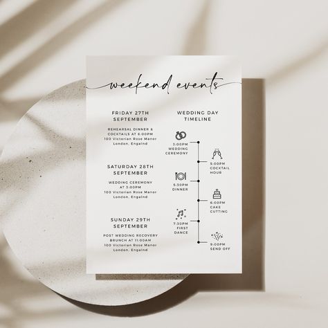 Welcome Bag Note, Wedding Recovery, Simplistic Aesthetic, Abroad Wedding, Wedding Order Of Events, Wedding Itinerary Template, Order Of Events, Timeline Wedding, Wedding Itinerary