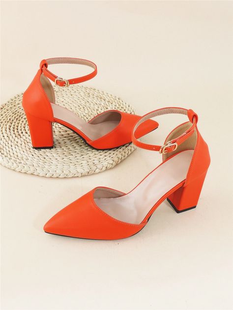 Neon Orange Point Toe Chunky Heeled Ankle Strap Pumps | SHEIN USA Orange Chunky Heels, Orange Shoes Heels, Orange Pumps, Orange Wedges, Short Heels, Mid Heel Shoes, Black Wedding Rings, Orange Shoes, Prom Shoes