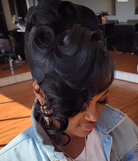 Black Women French Roll Updo, Black Pinup Hairstyles, French Twist Black Women, 60s Black Hairstyles, Rollerset Hairstyles For Black Women, French Roll Hairstyle For Black Women, Pin Curls For Black Women, Modern Updos, French Roll Updo