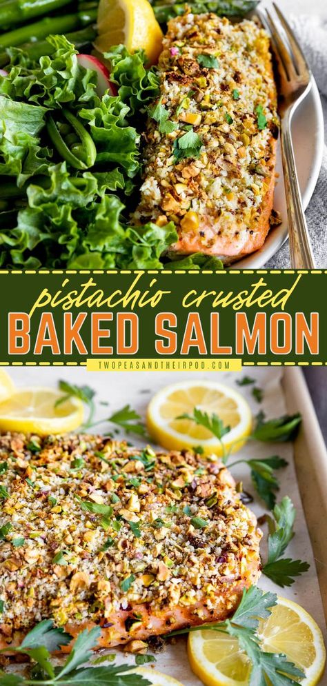 Pistachio Crusted Baked Salmon, easy dinner ideas, easy 30 minute meals Pistachio Salmon Baked, Pistachio Encrusted Salmon Recipe, Pistachio Crusted Salmon Recipes, Crusted Salmon Recipes Baked, Pistachio Crusted Fish, Pistachio Salmon, Sockeye Salmon Recipes, Swimming Friends, Easy Salmon Recipe