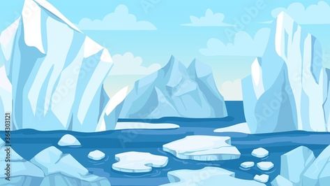 Stock Image: Cartoon arctic landscape. Icebergs, blue pure water glacier and icy cliff snow mountains. Greenland polar nature panoramic vector background. Winter scene with hills and melting ice Sea Illustration Art, Landscape Drawing Easy, Polar Bear Drawing, Glaciers Melting, Arctic Landscape, Winter Artwork, Background Winter, Sea Illustration, Snow Mountains