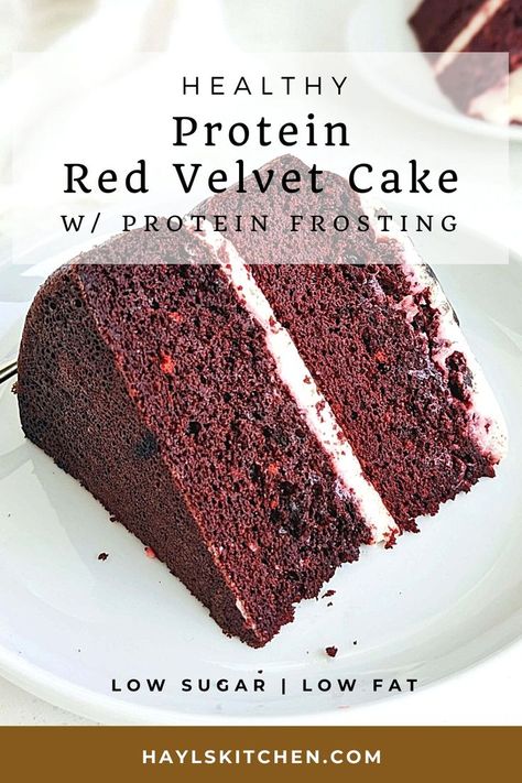 Amazing Protein Red Velvet Cake topped with a Greek yogurt and cream cheese frosting – truly the only one you will want. A high protein healthy red velvet cake sweetened with chocolate protein powder, and barely any fat – the ideal protein dessert! Cake With Protein Powder, Protein Powder Cake Recipe, Healthy Red Velvet Cake, Protein Powder Cake, Protein Cake Recipe, Healthy Red Velvet, Hot Chocolate Protein, Cake Cream Cheese Frosting, Sweet Easy Recipes