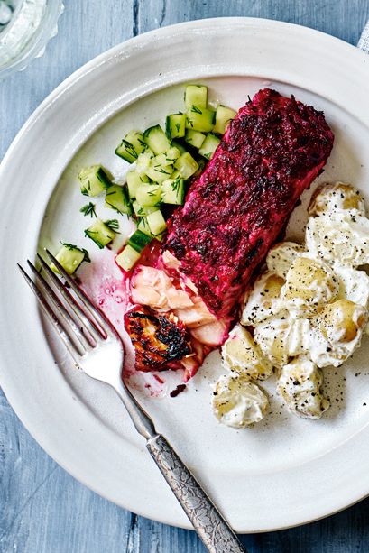 Marinated overnight in grated beetroot, ginger and mustard seeds, these delicious salmon steaks take on all those bold flavours and are given a wonderful purple tinge from the beetroot. | Tesco Beetroot Salmon, Dinner Ideas Salmon, Salmon Steaks, Salad Inspiration, Salmon Potato, Marinated Salmon, Lunch Inspiration, Salmon Steak, Tesco Real Food