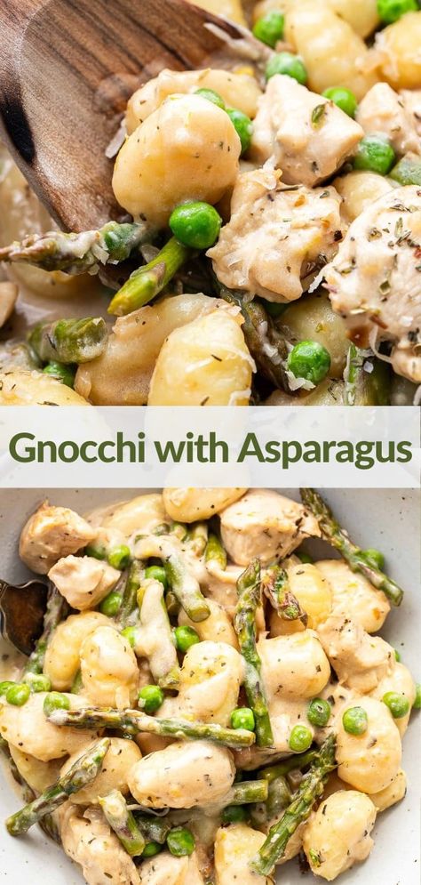 This creamy gnocchi with asparagus is the perfect spring dinner! Soft pillowy gnocchi, asparagus, peas, chicken, and a creamy lemon sauce round out this flavorful one pan dinner! #gnocchi #asparagus #springrecipes #onepanmeal #easymeals #easydinner #onepotrecipes #healthydinner #comfortfood #chickenrecipes Gnocchi And Asparagus Recipes, Gnocchi Asparagus, Gnocchi With Asparagus, Chicken Asparagus Gnocchi, Gnocci Meals Gnocchi Recipes Chicken, Chicken Asparagus Tortellini, Dinner Gnocchi, Asparagus Gnocchi, Creamy Lemon Chicken And Asparagus