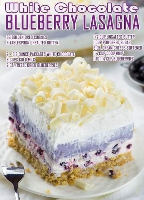 *ingredients +For crust: °36 Golden Oreo Cookies (Whole Biscuits With Filling) °6 tablespoons melted unsalted butter +Cream cheese layer: °1/2 cup soft unsalted butter °1 cup powdered sugar °8 oz. cream cheese °1 1/2 cups cold whisk °1 to 14 cups of fresh or thawed blueberries (I used 14 cups of frozen blueberries) +For the pudding layer: °2 – 3.9 ounces instant white chocolate pudding °3 cups cold milk °2 oz. Freeze-dried Blueberries – Powder (Put blueberries in a food processor to make the ... White Chocolate Blueberry Lasagna Recipe, Blueberry Lasagna, Golden Oreo Cookies, Lasagna Dessert, Chocolate Blueberry, Golden Oreo, Chocolate Lasagna, Blueberry Desserts, Layered Desserts