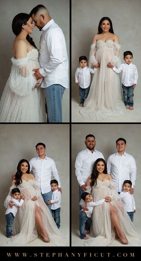 Maternity Shoot With Family Of 4, Maternity Family Outfits, Elegant Maternity Shoot With Family, Maternity Photography With Family Of 4, Maternity With Family Photography, Family Maternity Pictures With Siblings Studio, Family Photography Poses Studio, Maternity Shoot Photography, Maternity With Family