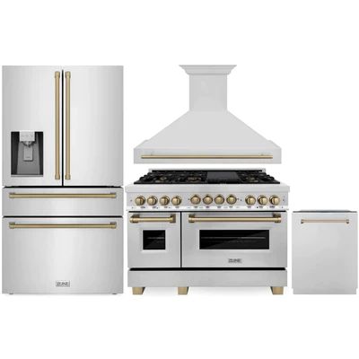 ZLINE Autograph Edition 4-Piece Appliance Package - 48" Dual Fuel Range, 36" Refrigerator with Water Dispenser, Wall Mounted Range Hood, & 24" Tall Tub Dishwasher in Stainless Steel with Champagne Bronze Trim (4AKPR-RARHDWM48-CB) Home Outlet Direct presents the ultimate expression of luxury, ZLINE's Autograph Editi Zline Fridge, Zline Appliances, Colored Appliances, 48" Range, Zline Autograph Edition, Tahoe Nevada, Large Fridge, Microwave Drawer, Single Wall Oven