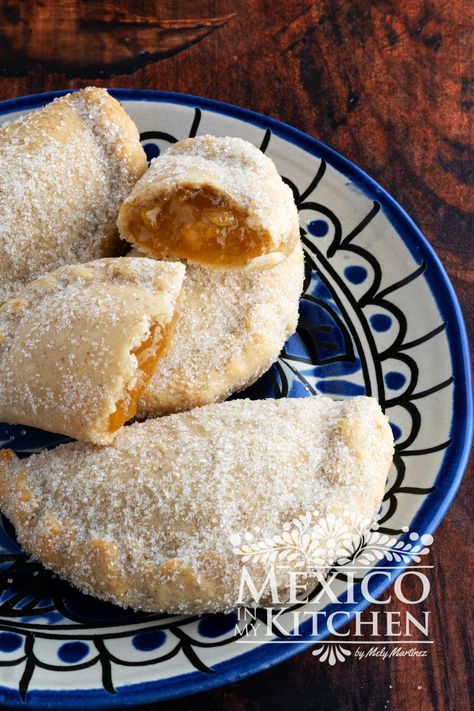 Dessert Empanadas Pina Empanadas Recipe, Strawberry Empanadas Recipe, Butternut Squash Empanadas, Empanadas Dough Sweet, Authentic Mexican Empanadas Recipe, Peach Empanadas Recipes, Mexican Holiday Desserts, Mexican Dessert Empanadas, Holiday Empanadas