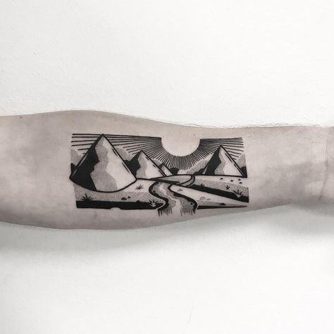 Horizontal landscape tattoo by Pulled Poltergeist Horizontal Tattoo Ideas, Horizontal Tattoo, Tattoo Landscape, Related Tattoos, Tattoo Minimal, Horizontal Landscape, C Tattoo, Landscape Tattoo, Traditional Tattoo Design