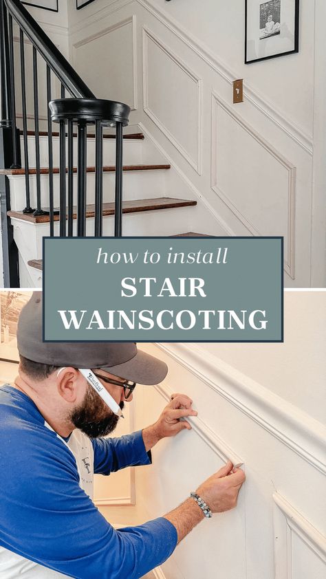 A step-by-step tutorial to explain how to add wainscoting to your stairs using picture frame molding; it's not as hard as you might think. Stair Wainscoting Stairways, Wainscoting Basement Staircase, Molding On Stairs Wall, Wainscot Stairwell, Diy Wainscoting Stairs, Stairway Moulding Ideas, Wainscoting Up Staircase, Picture Frame Molding On Stairs, Entryway Picture Frame Molding