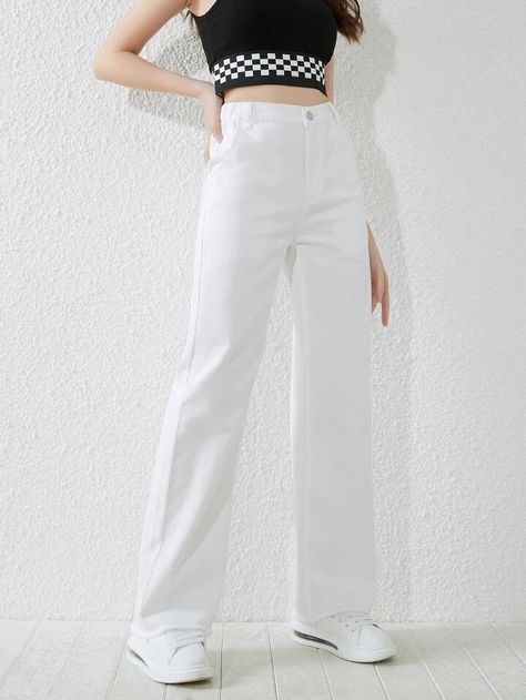 White Jeans Girls, Teen Jeans, Trendy Pants, Long Trousers, Old Jeans, Casual Style Outfits, Crop Tshirt, Straight Pants