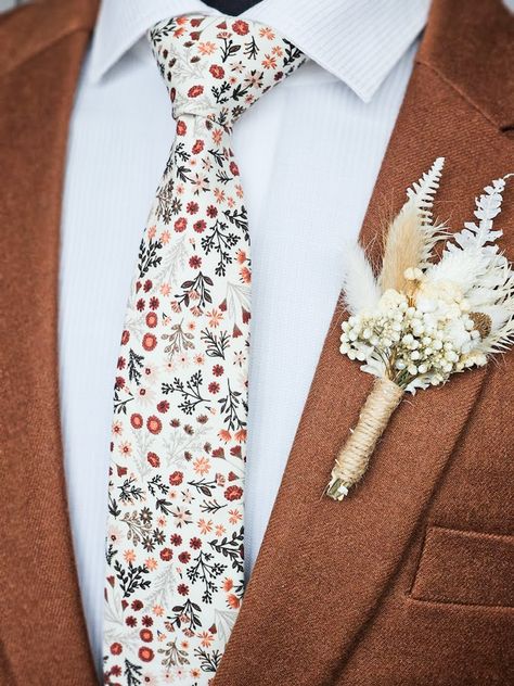 Terracotta Floral Tie, Orange And Cream Wedding, Groom And Groomsmen Suits, Wedding Guest Outfit Fall, Burnt Orange Weddings, Groom Wedding Attire, Fall Wedding Guest, Wedding Tie, Groom And Groomsmen Attire