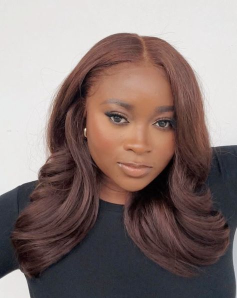 Dark Brown Sew In Weave, Cherry Chocolate Hair Black Women, Cowgirl Copper Hair Black Woman, Black Women Hair Extensions, Dark Chocolate Brown Hair Black Women, Brown Quickweave, Light Brown Silk Press, Medium Brown Hair Black Women, Farah Fawcett Hair Black Women