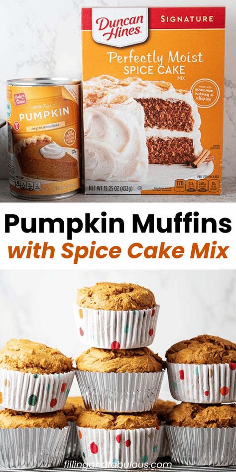 These 2-ingredient pumpkin muffins are the ultimate fall treat! Made with a simple cake mix and pumpkin puree, they're one of the easiest pumpkin and spice cake mix recipes out there. Enjoy these easy pumpkin spice muffins for a quick, delicious snack or breakfast! Pumpkin Muffins With Spice Cake, Pumpkin And Spice Cake, Spice Cake Pumpkin Muffins, Cake Mix And Pumpkin Puree, Pumpkin Cake Mix Muffins, Spice Cake Mix Recipes, Easy Pumpkin Spice Muffins, 2 Ingredient Pumpkin Muffins, Easy Muffin Recipe