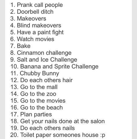 100 Crazy Things To Do With Your Best Friend! Do With Your Best Friend, Bff Bucket List, 365 Jar, Best Friend Bucket List, Girl Sleepover, Best Friend Activities, Sleepover Games, What To Do When Bored, Prank Calls