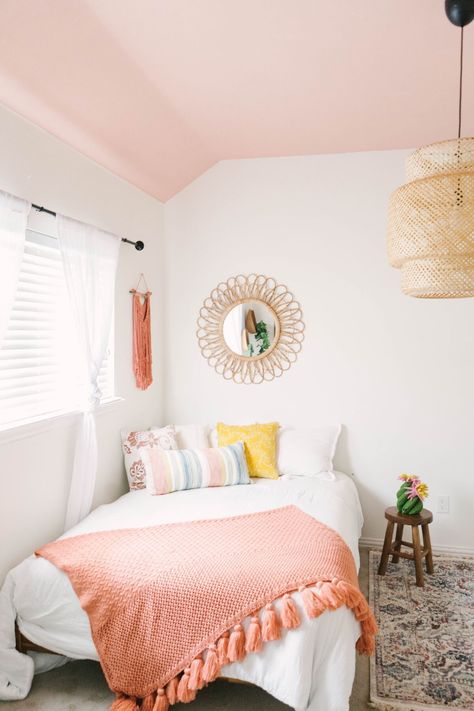 Blush and Coral Baby Girls Room - Boho Kids Room - Pink Ceiling - Ceiling Accent Wall - Vintage and Boho - Girls Bedroom - Platform Bed - Cane Chandelier - Ikea Chandelier - Rug Layered on Carpet - White Wall Pink Ceiling Vintage Girls Rooms, Coral Bedroom, Boho Kids Room, Boho Room, Girl Bedroom Decor, Big Girl Rooms, Pink Kids, Room Inspiration Bedroom, Room Ideas Bedroom