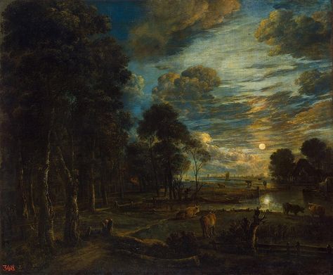 https://flic.kr/p/a79wUg | Aert van der Neer - Night Landscape with a River [c.1650] | Aert van der Neer (Amsterdam, 1603 – Amsterdam, 1677) was a Dutch painter. A master at representing light, Aert van der Neer painted moonlit river views that embody the principles of Dutch landscape painting in the 1600s. Those principles included isolated figures on meandering paths that cut through a wooded forest, and cloud-filled skies. Van der Neer used a restricted palette of earthy colours and, like... Turner Painting, Moonlight Painting, Childe Hassam, River Painting, Hermitage Museum, Dutch Golden Age, Night Landscape, Dutch Painters, Happy Paintings