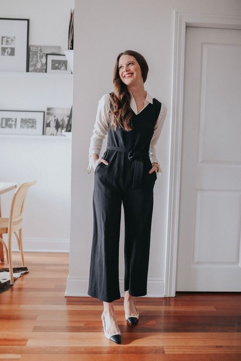 4 Work Appropriate Jumpsuit Outfit Ideas - Jess Keys Dungarees Office Outfit, Jumpsuit Outfit Professional, Layering Jumpsuit Outfit Winter, Layered Jumpsuit Outfit Winter, Jumpsuit And Turtleneck Outfit, Jumpsuit Over Shirt, Romper Layering Outfit, Work Romper Outfit, Layer Jumpsuit Outfit