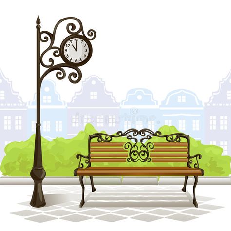 Bench, street clock, old town. Vector illustration stock illustration Bench Illustration, Clock Old, Bed Vector, Valentine's Day Illustration, Old Beds, Architecture Graphics, Diy Sofa, Home Design Ideas, Stock Photography Free