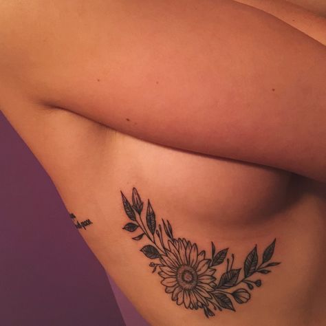 Sunflower Tattoo On Side Ribs, Sunflower Tattoo Ribs, 224 Tattoo Ideas, Sunflower Rib Tattoo, Sunflower Back Tattoo, Small Rib Tattoos For Women, Small Rib Tattoos, Side Tattoos Women, Maching Tattoos