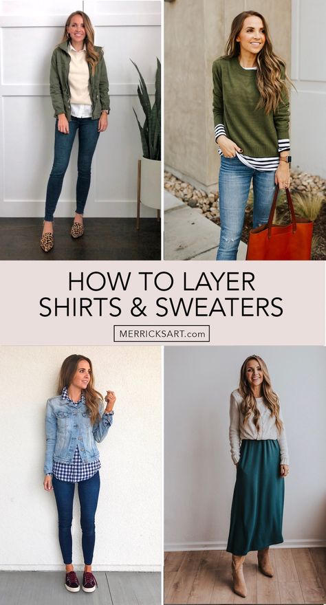 How to Style It: Layering Shirts and Sweaters - Merrick's Art Winter Shirt Outfit Women, Flannel Shirt Under Sweater, How To Layer Over A Dress, Layering Clothes For Fall, How To Layer Your Clothes, How To Layer A Sweater, How To Layer Sweaters, How To Layer An Outfit, How To Layer For Fall