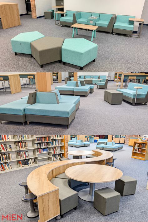 Library Furniture School, Innovative School Design, School Lounge, Higher Education Design, Classroom Architecture, Alternative Seating Classroom, Collaborative Learning Spaces, Library Seating, School Library Design