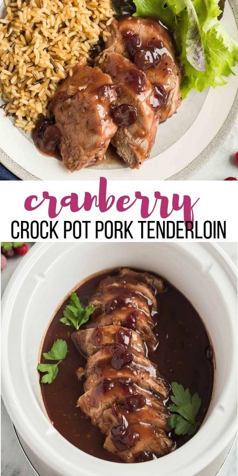 This Crock Pot Pork Tenderloin with Cranberry Sauce is an easy weeknight meal or a fancy holiday dinner -- you decide! This slow cooker pork tenderloin is tender and flavorful! The BEST pork tenderloin recipe. #crockpot #slowcooker #pork #recipe #dinner #christmas Tenderloin Crockpot, Crock Pot Pork Tenderloin, Best Pork Tenderloin, Best Pork Tenderloin Recipe, Crockpot Pork Tenderloin, Crock Pot Pork, Slow Cooker Pork Tenderloin, Recipe Crockpot, Dinner Christmas