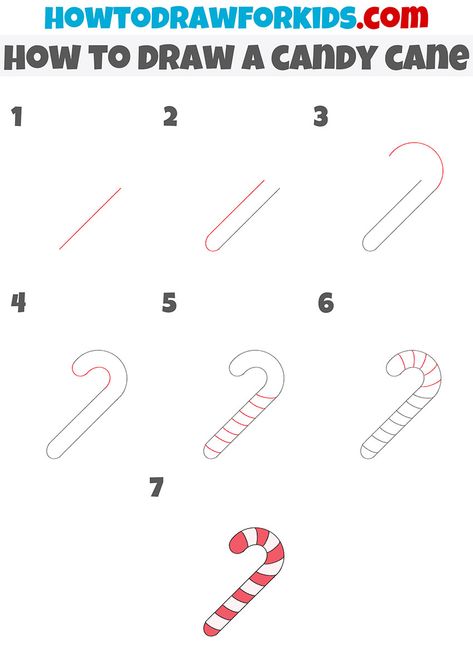 How To Paint A Candy Cane, How To Draw Candy Canes, Candy Cane Drawing Easy, Christmas Candy Cane Drawing, How To Draw A Candy Cane, Candy Cane Doodle, Christmas How To Draw, Christmas Drawings Easy Step By Step, Christmas Doodles Step By Step