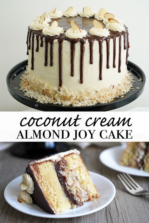 Best Flavored Cakes, 26 Bday Cake Ideas, Almond Joy Cake Recipe, Almond Joy Desserts, Creative Cake Recipes, Chocolate Cake Flavors And Fillings, Cool Cake Flavors, Almond Cake Decoration, Cake Flavor Recipes