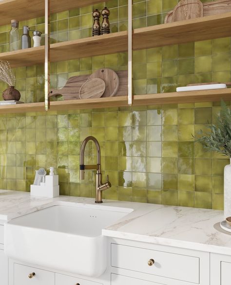 Green Kitchen Backsplash, Green Tile Backsplash, Green Backsplash, Green Tiles, Ceramic Square, Patio Kitchen, Reflecting Light, Backsplash Designs, Tile Trim