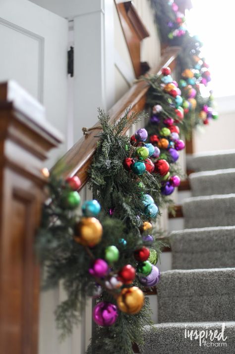 Christmas Banister Garland, Stair Garland, Banister Garland, Christmas Banister, Rainbow Garland, Holiday Home Tour, Rainbows Christmas, Garland Christmas, Colorful Christmas